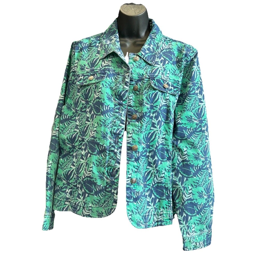 The Tog Shop Jacket  Blue Shades Floral Long Sleeve Button Denim Sz Large